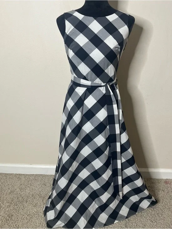DKNY Women’s Black/White Gingham Sleeveless Belted A~Line Maxi Dress Sz 2 - Picture 2 of 12